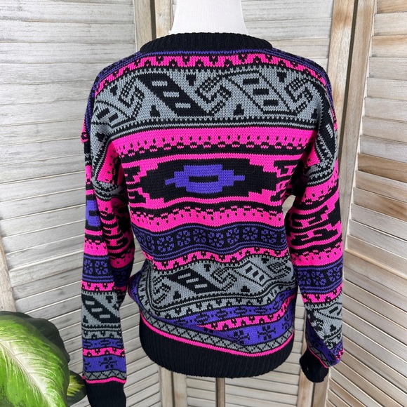 90s Neon Pink Purple Black Knitted Cozy Mount Cervin Sweater Size Large - Picture 6 of 7